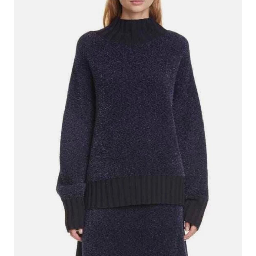 NEW Tory Burch‎ Oversized Lurex Sweater in Navy Mock Neck Turtleneck Size XL